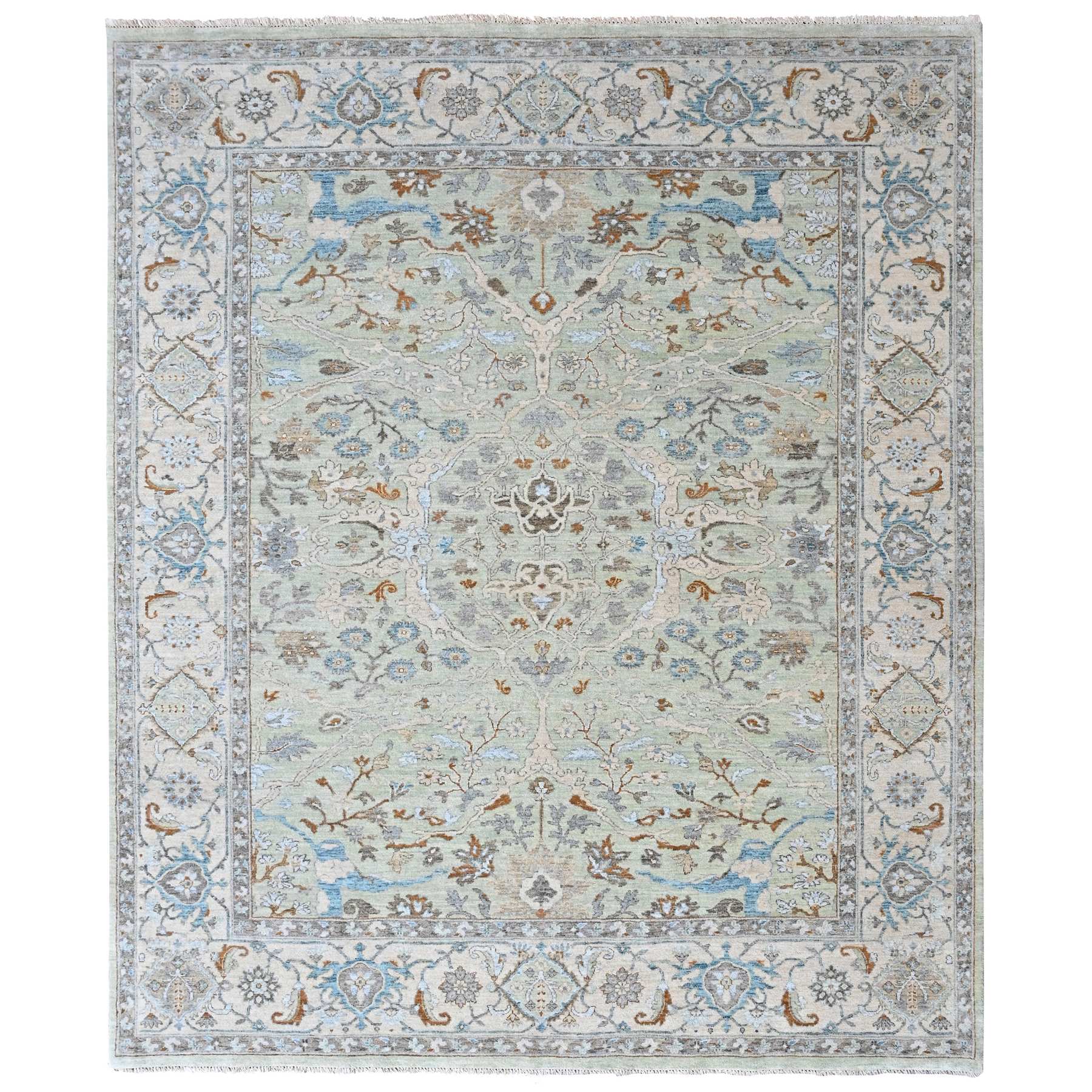 8'1"x9'10" Pistachio Green, Oushak with Floral Motifs, Pure Wool, Hand Knotted, Soft Pile, Denser Weave, Oriental Rug 